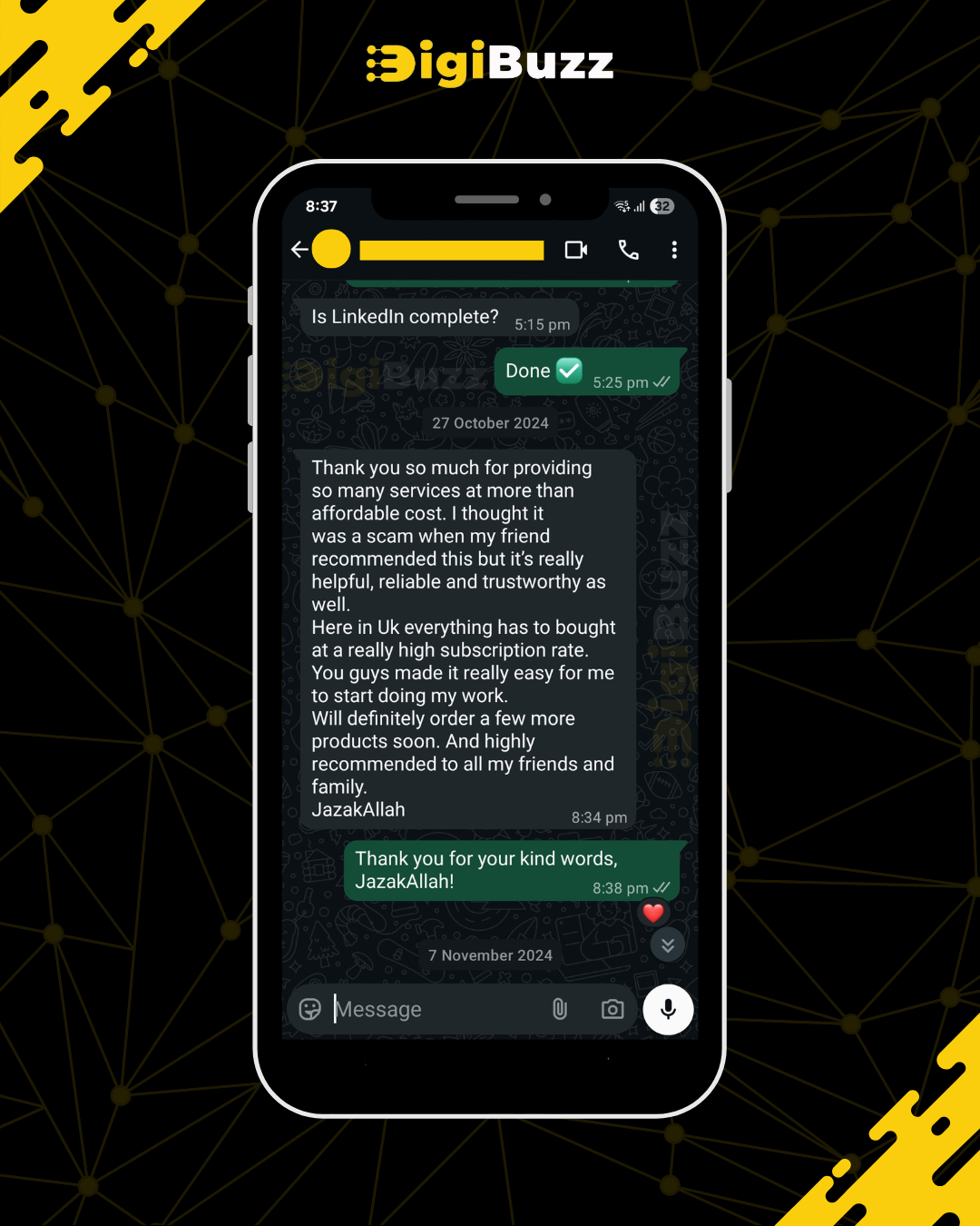 Customer WhatsApp review — customer praises affordable LinkedIn subscription from DigiBuzz