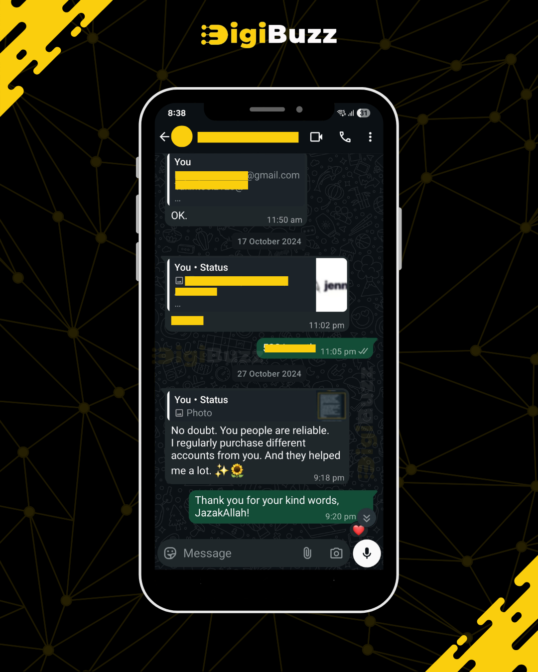 Customer WhatsApp review — repeat customer calls DigiBuzz reliable for account subscriptions