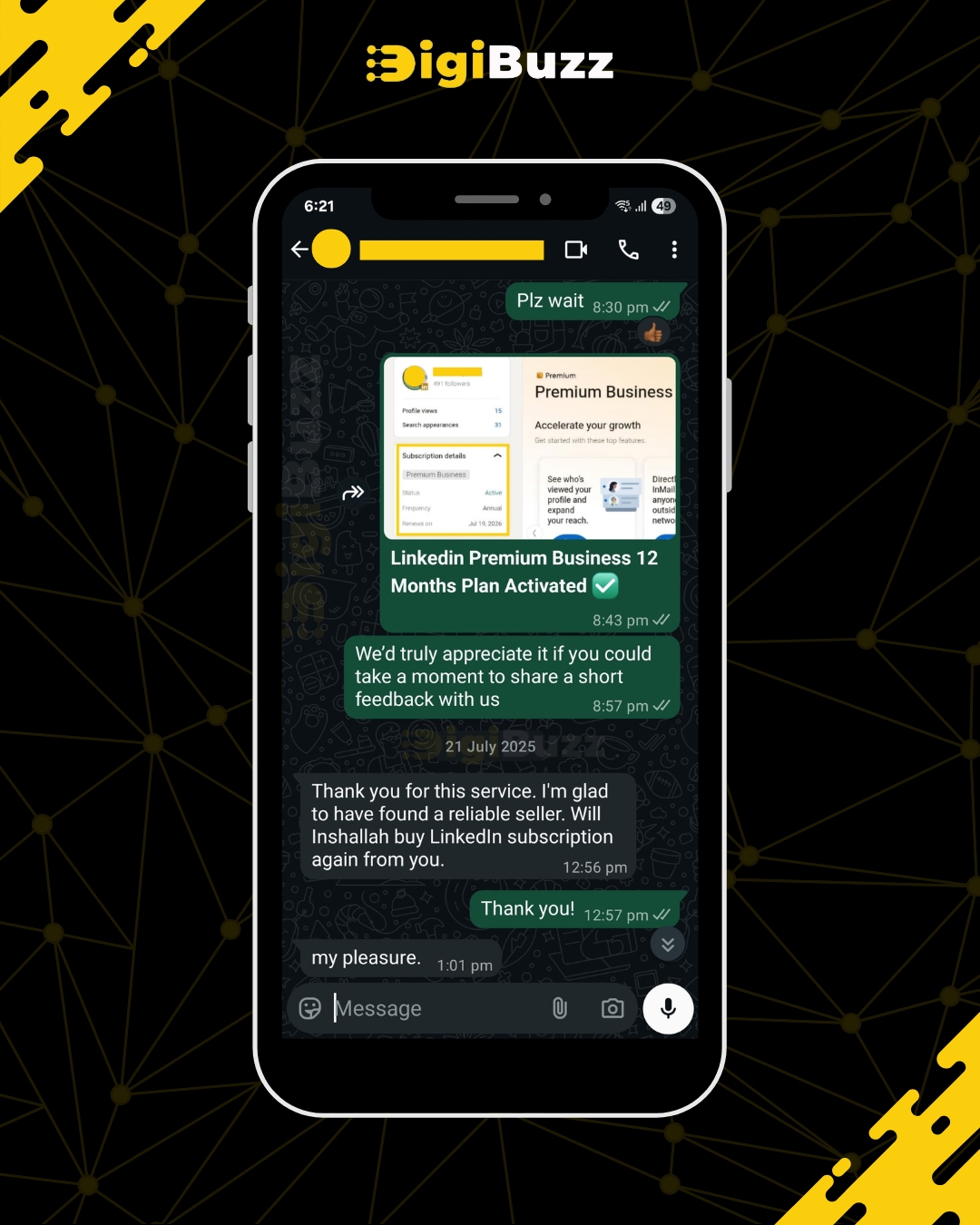 Customer WhatsApp review — LinkedIn Premium Business 12-month plan delivered by DigiBuzz