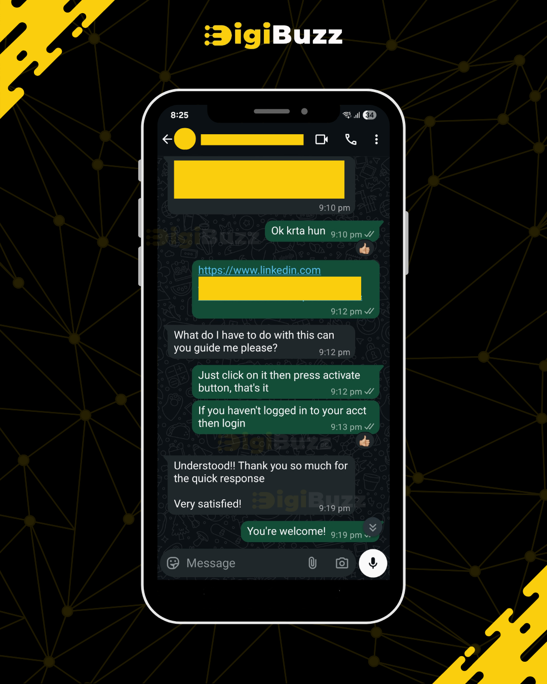 Customer WhatsApp review — quick LinkedIn activation response from DigiBuzz