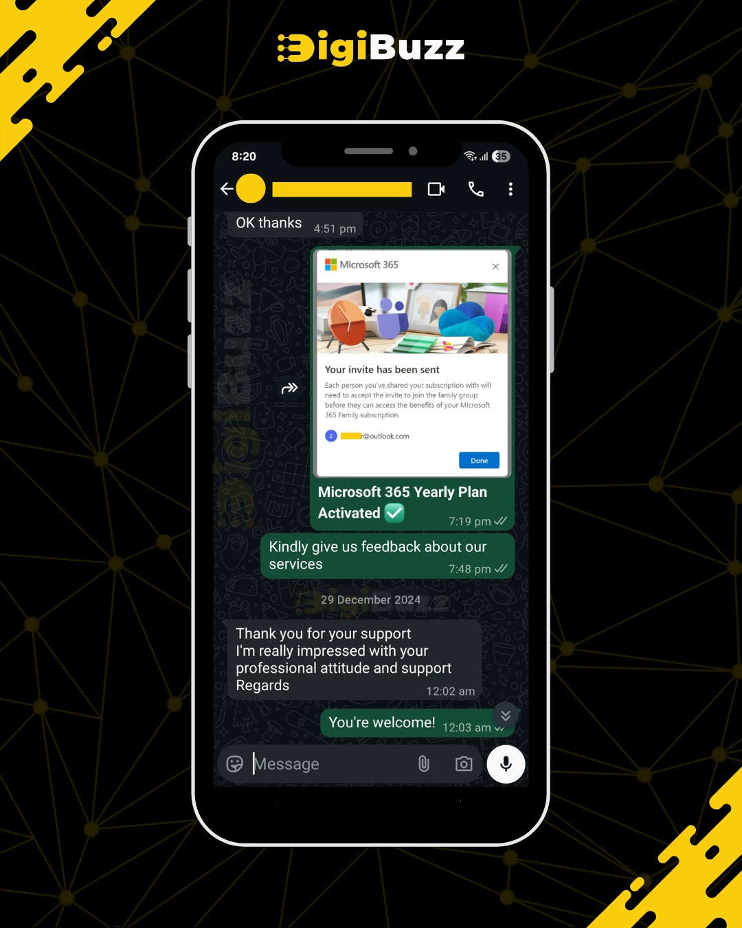 Customer WhatsApp review — referred customer happy with DigiBuzz subscription packages