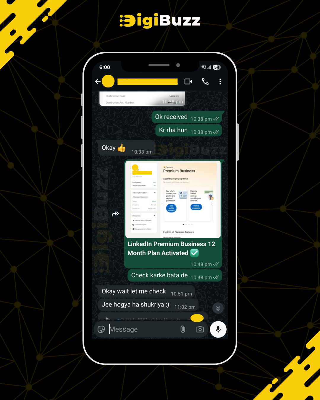Customer WhatsApp review — smooth ordering experience with DigiBuzz