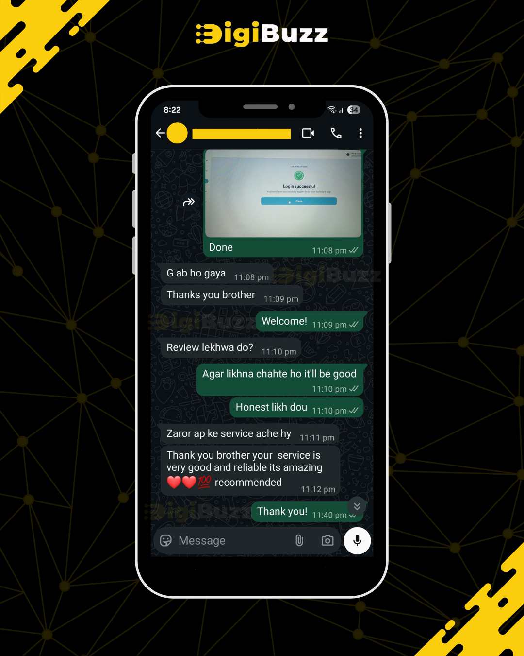 Customer WhatsApp review — Surfshark VPN delivered and recommended by DigiBuzz customer