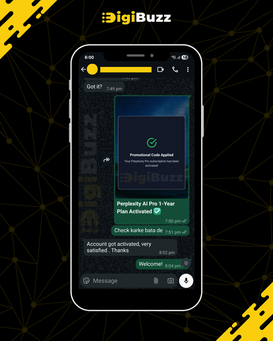 Customer WhatsApp review — satisfied DigiBuzz customer