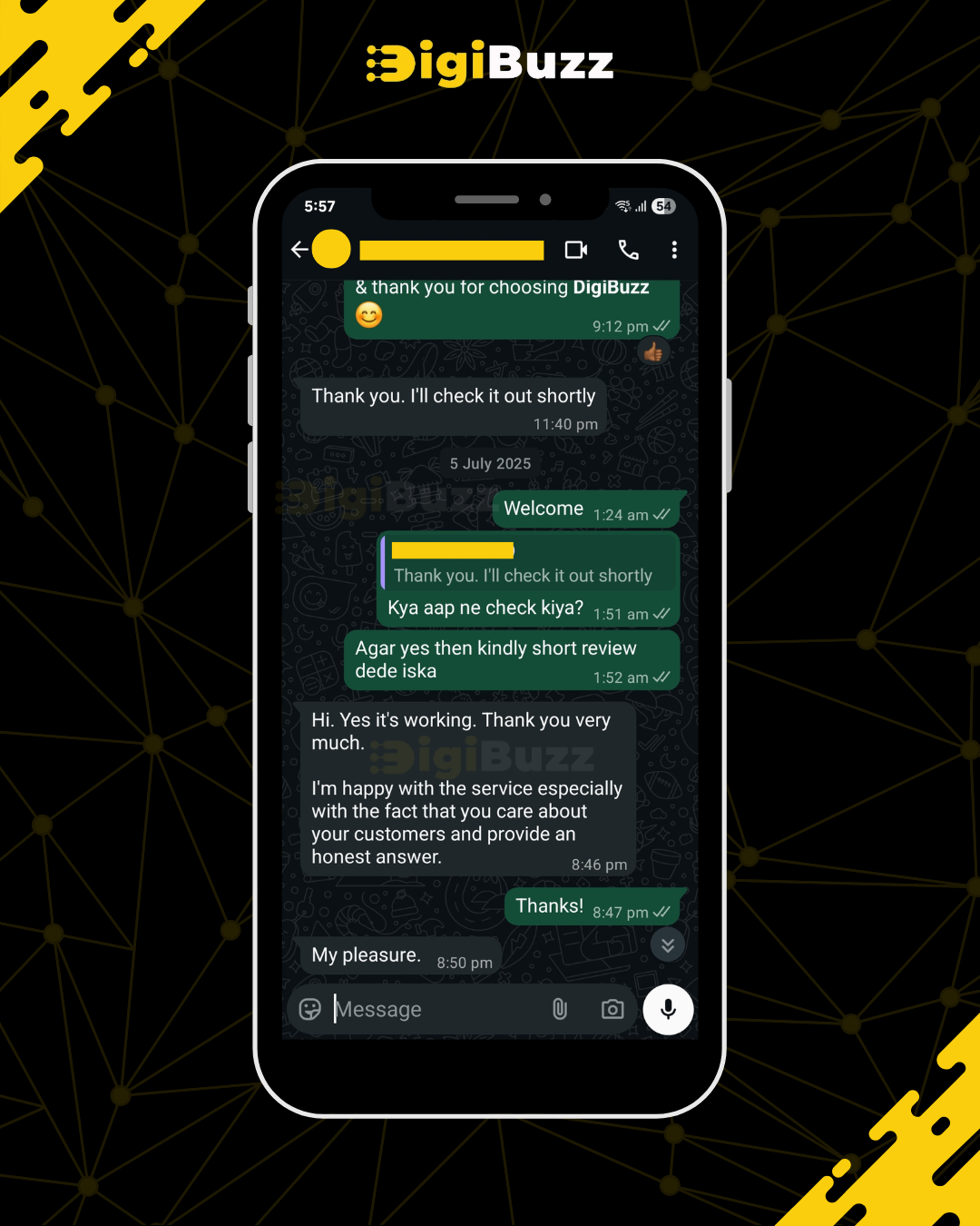 Customer WhatsApp review — subscription activation confirmed by DigiBuzz