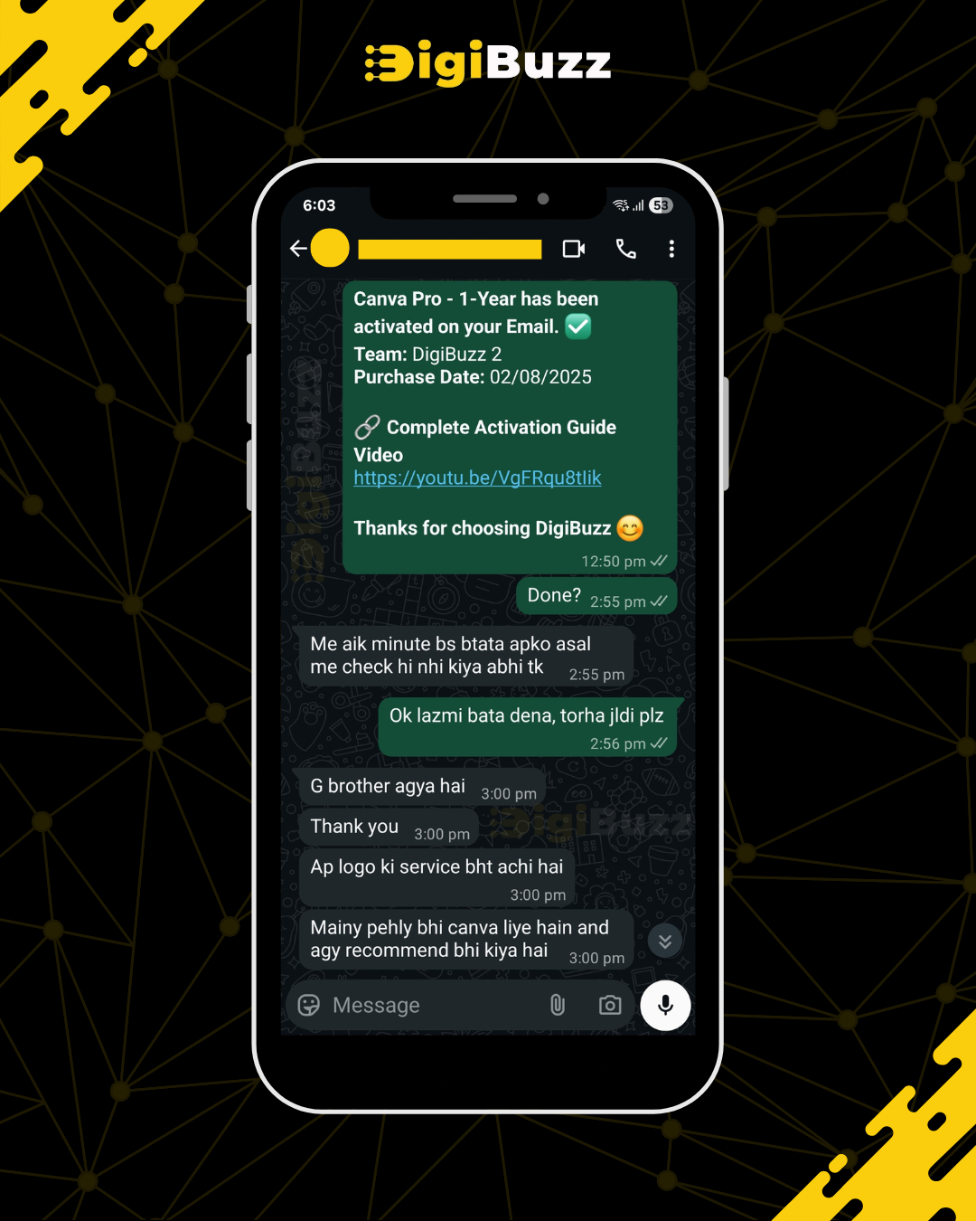 Customer WhatsApp review — trusted service feedback for DigiBuzz