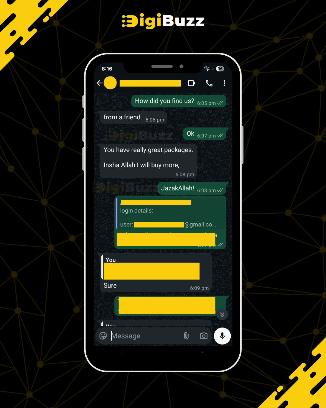 Customer WhatsApp review — Microsoft 365 yearly plan with praise for DigiBuzz support