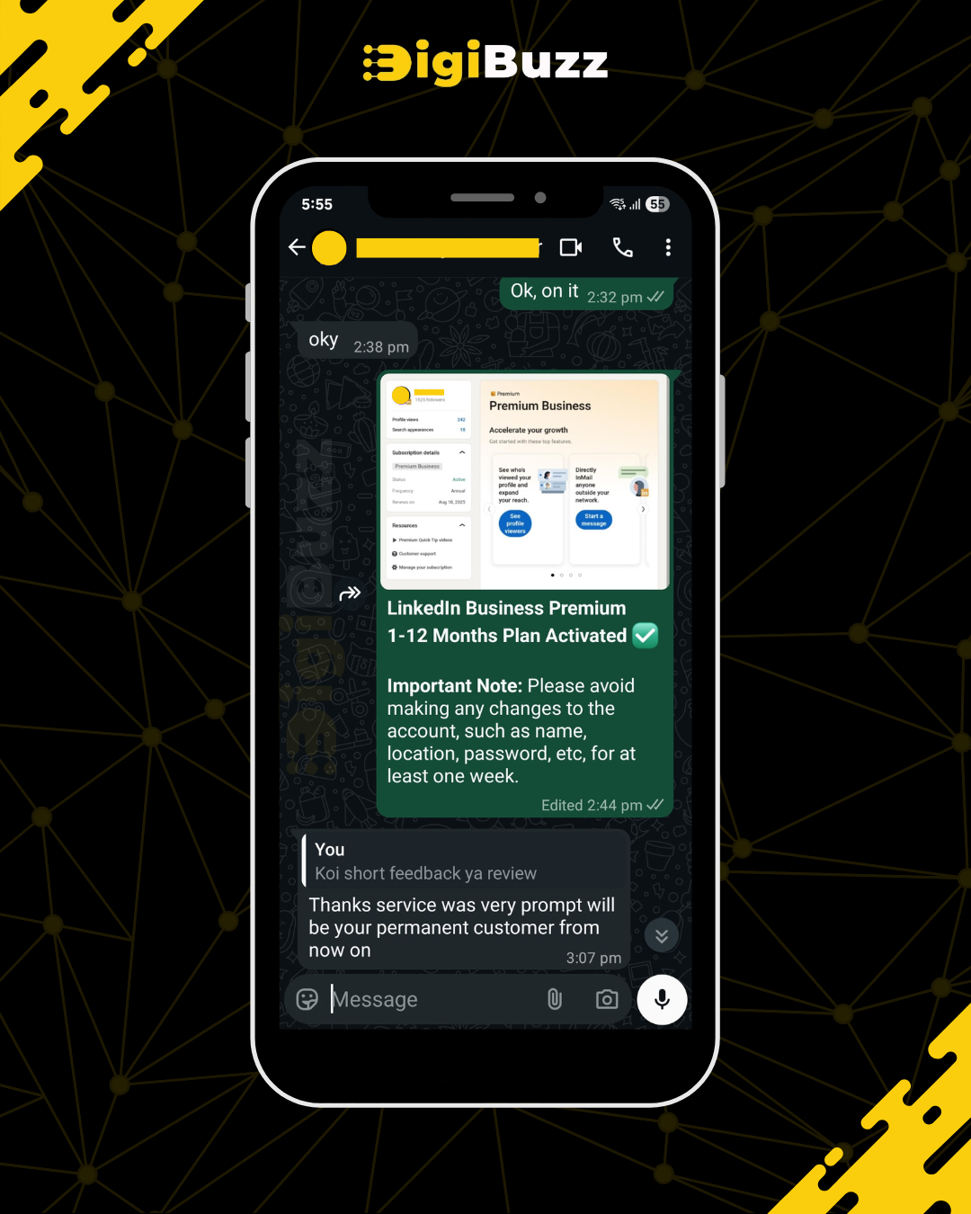 Customer WhatsApp review — premium subscription delivered by DigiBuzz