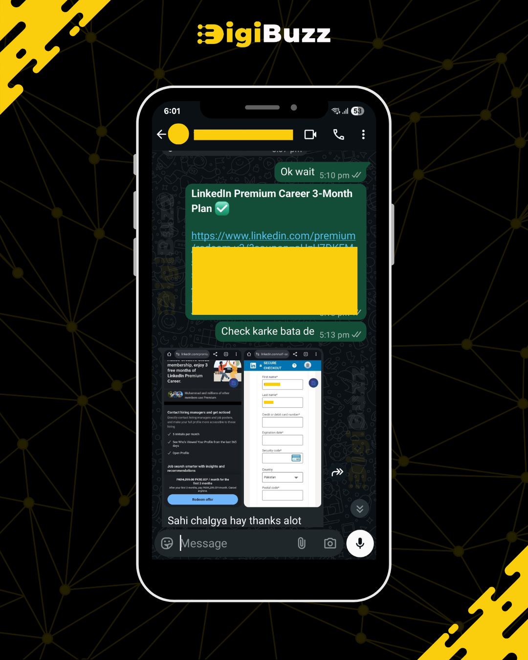 Customer WhatsApp review — repeat customer praise for DigiBuzz