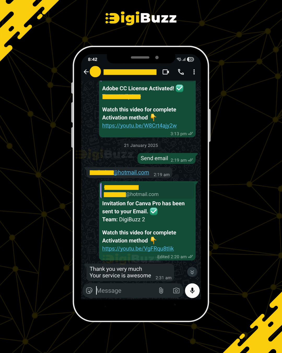 Customer WhatsApp review — Adobe Creative Cloud and Canva Pro delivery praised by DigiBuzz customer