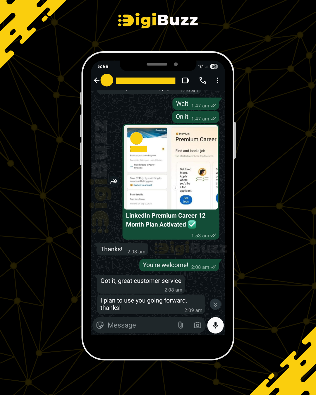 Customer WhatsApp review — happy DigiBuzz customer feedback